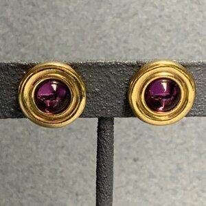 Round Domed Pierced Earrings 5/8 In Gold Translucent Purple Center Retro Glam